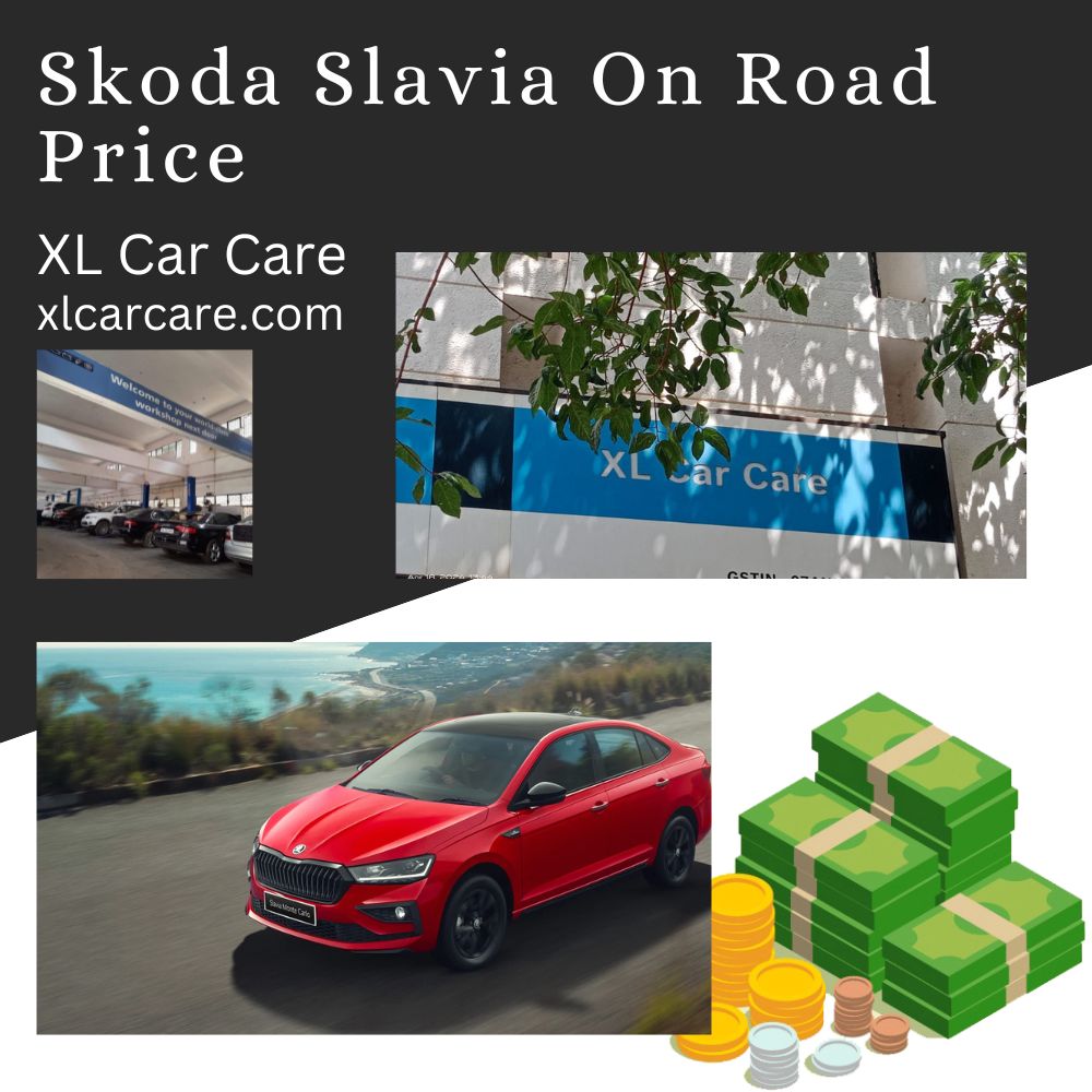 A collage featuring Skoda Slavia with XL Car Care branding, a car dealership, the red Skoda Slavia sedan on a scenic road, and stacks of cash and coins symbolizing its on-road price.