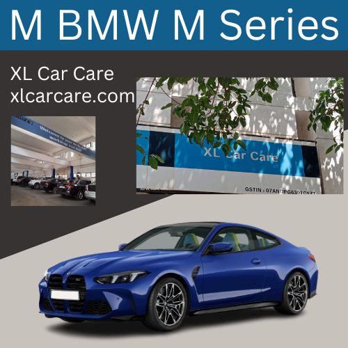 Blue BMW M Series car parked with the XL Car Care workshop and signage in the background, highlighting services for the M BMW M Series.