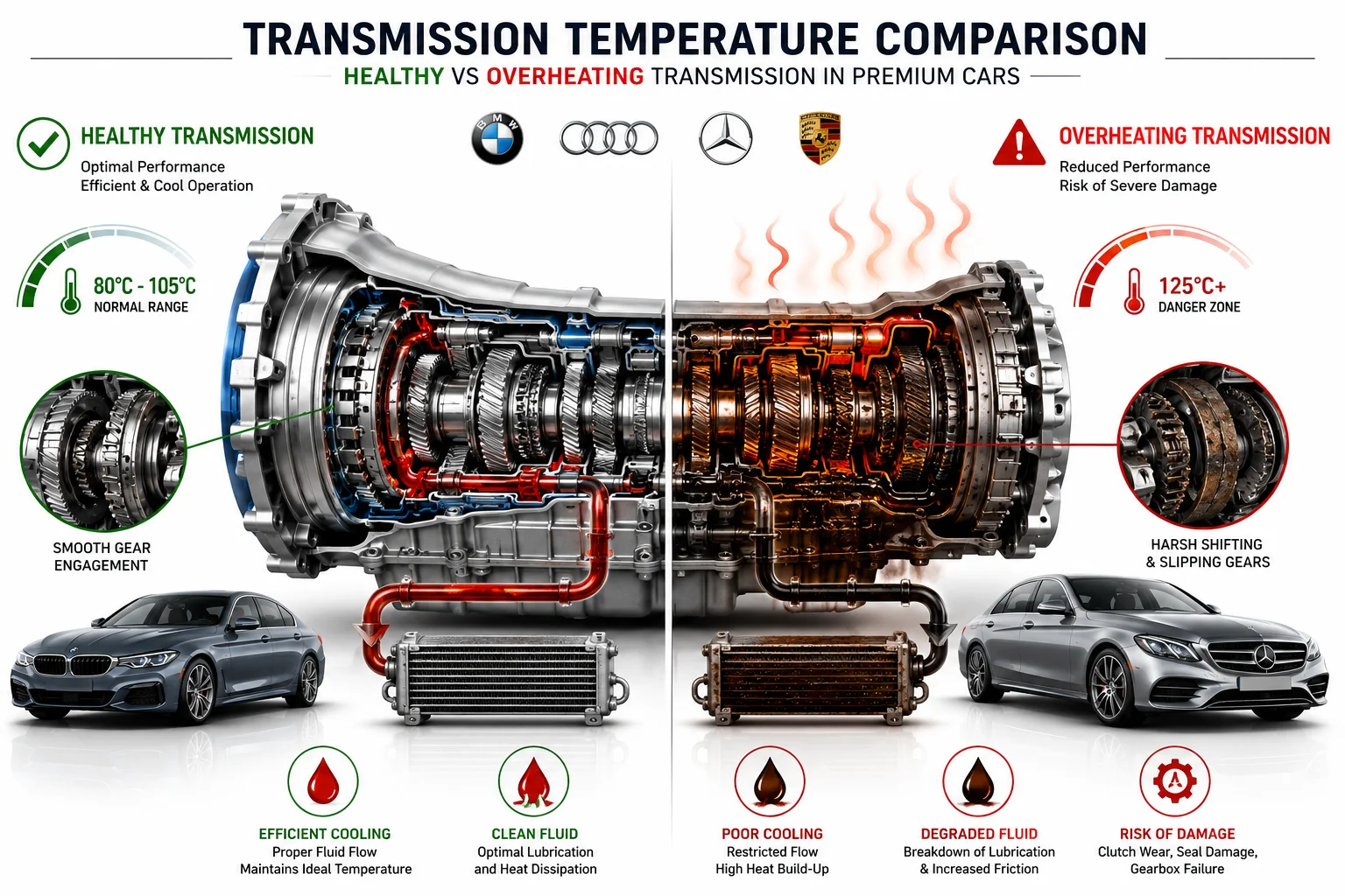 Common transmission heating problems in premium cars showing healthy vs overheating luxury car transmission systems.