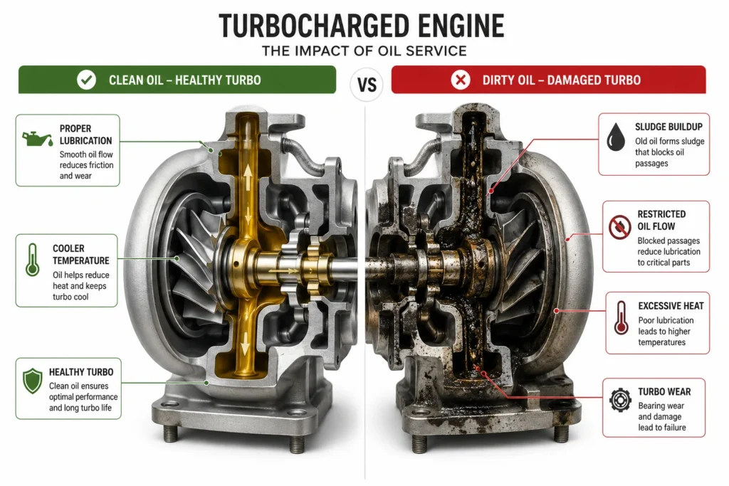 Illustration showing how delayed oil service causes sludge buildup, reduced lubrication, overheating, and turbocharger wear
