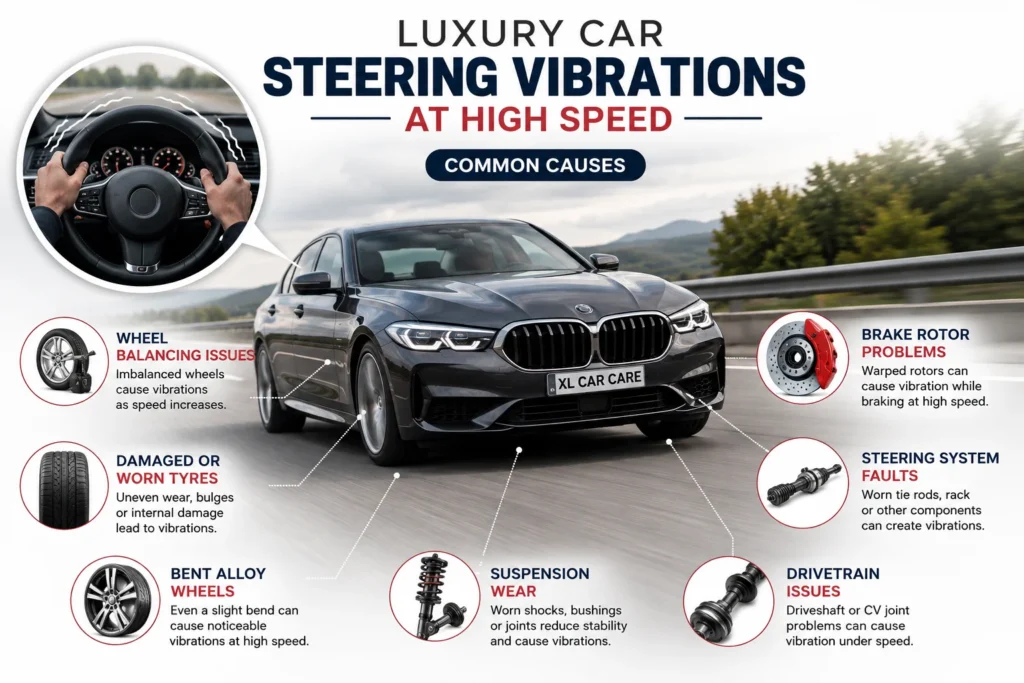 Luxury car steering vibrations at high speed caused by wheel balancing, tyre wear, suspension issues, brake problems, and steering system faults.