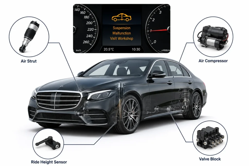 Mercedes suspension warning light with key AIRMATIC suspension components highlighted on a luxury Mercedes vehicle.