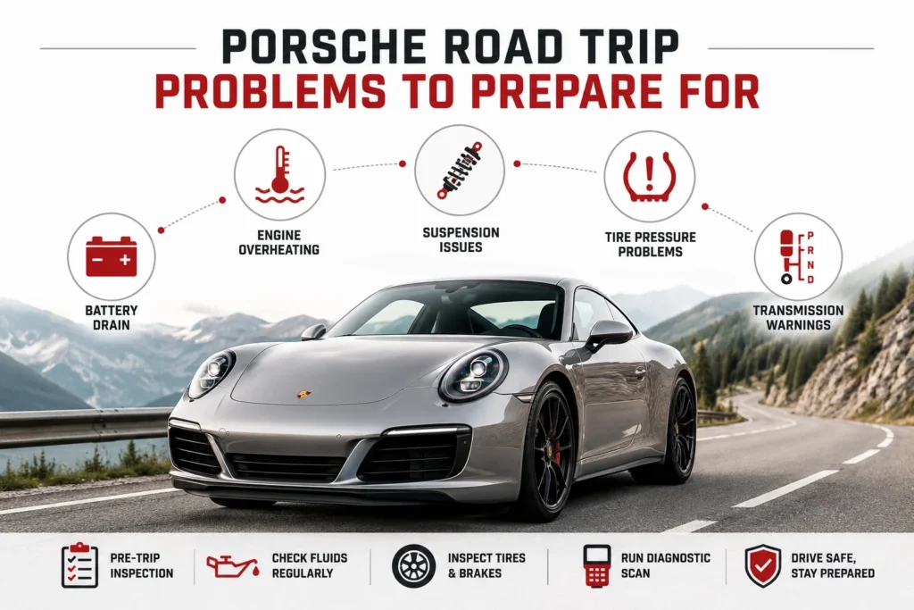 Porsche road trip problems including battery, overheating, suspension, tire, and transmission warning issues.