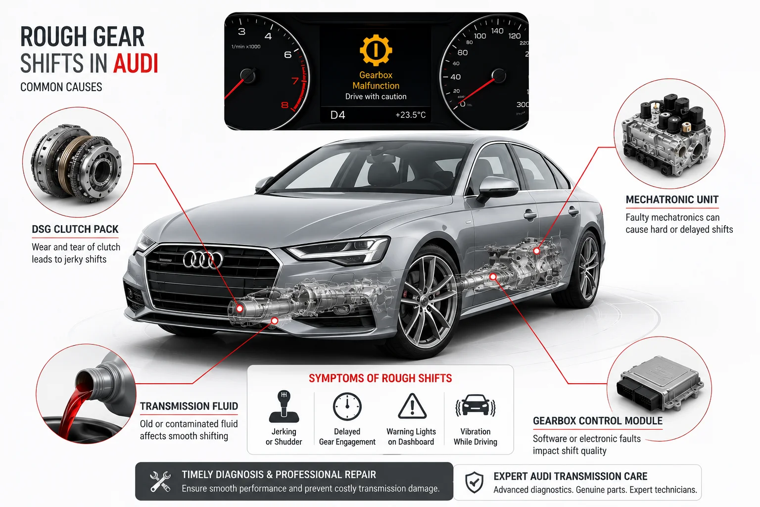 Audi rough gear shifting issue with key transmission components and gearbox warning indicator highlighted.