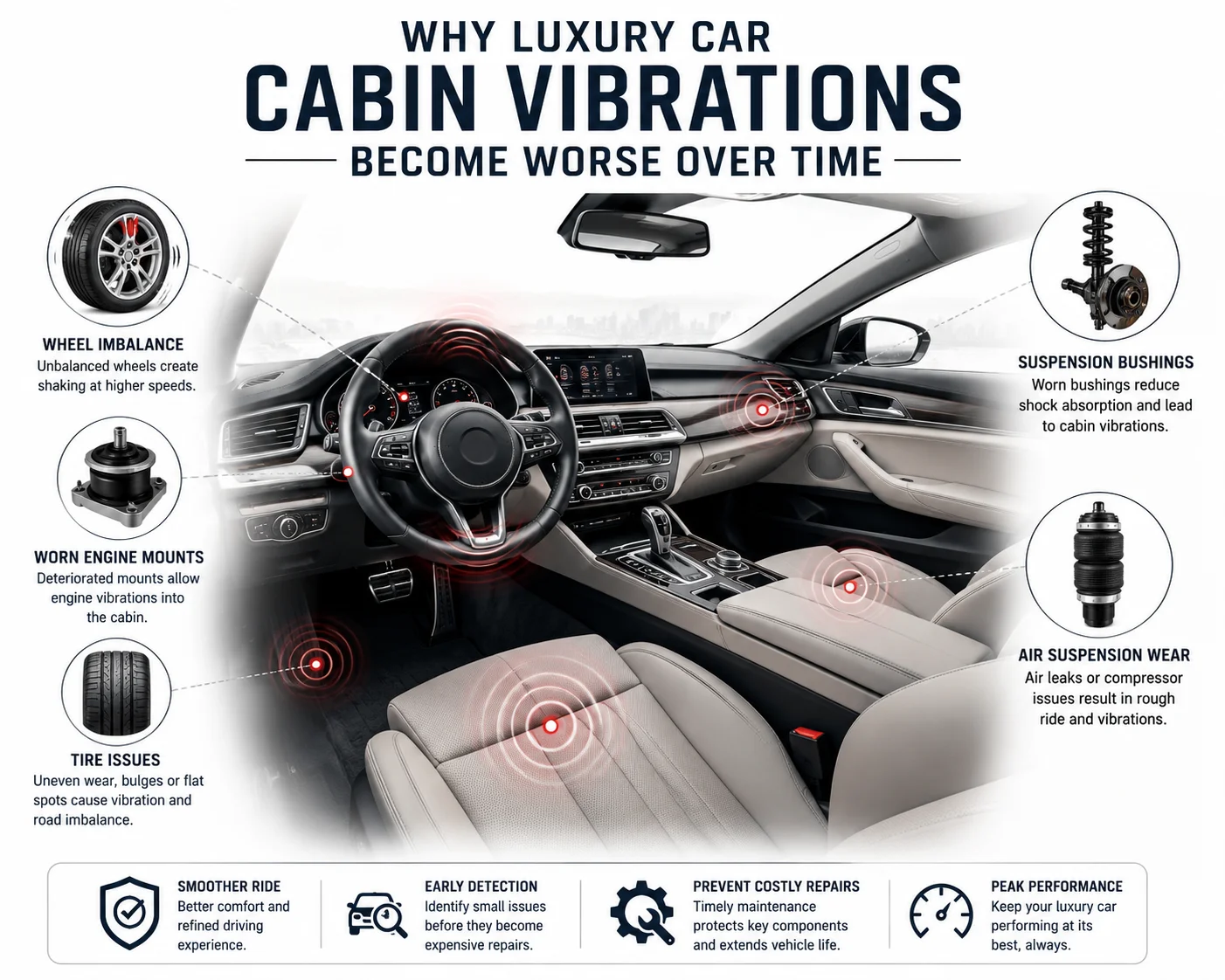 Luxury car cabin vibrations caused by suspension wear, engine mounts, tire issues, and wheel imbalance.