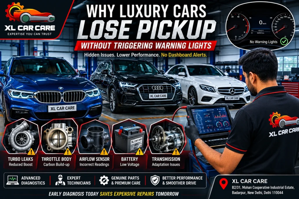 Luxury car losing pickup without warning lights being diagnosed using advanced vehicle diagnostic equipment