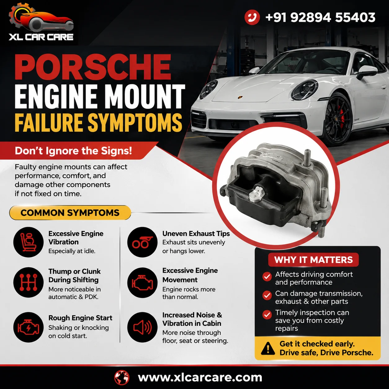 Porsche engine mount failure symptoms infographic showing excessive vibration, clunking noise, rough engine start, engine movement, uneven exhaust tips, and XL Car Care branding.