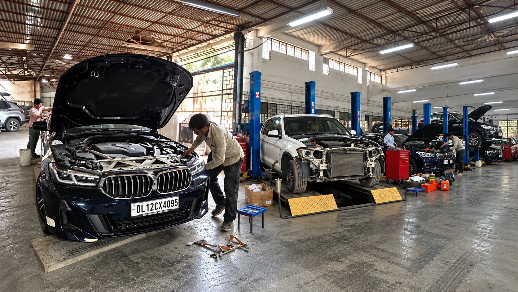 BMW cars being serviced and inspected inside XL Car Care workshop in Delhi NCR