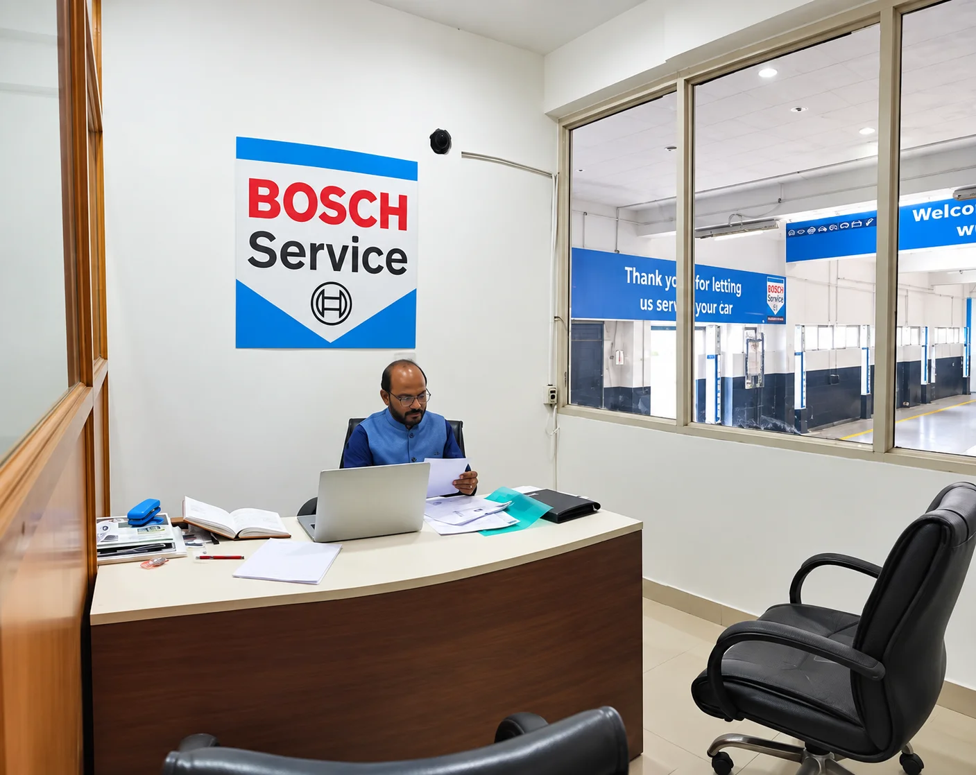 Service advisor working at desk inside Bosch-authorized car workshop in Delhi